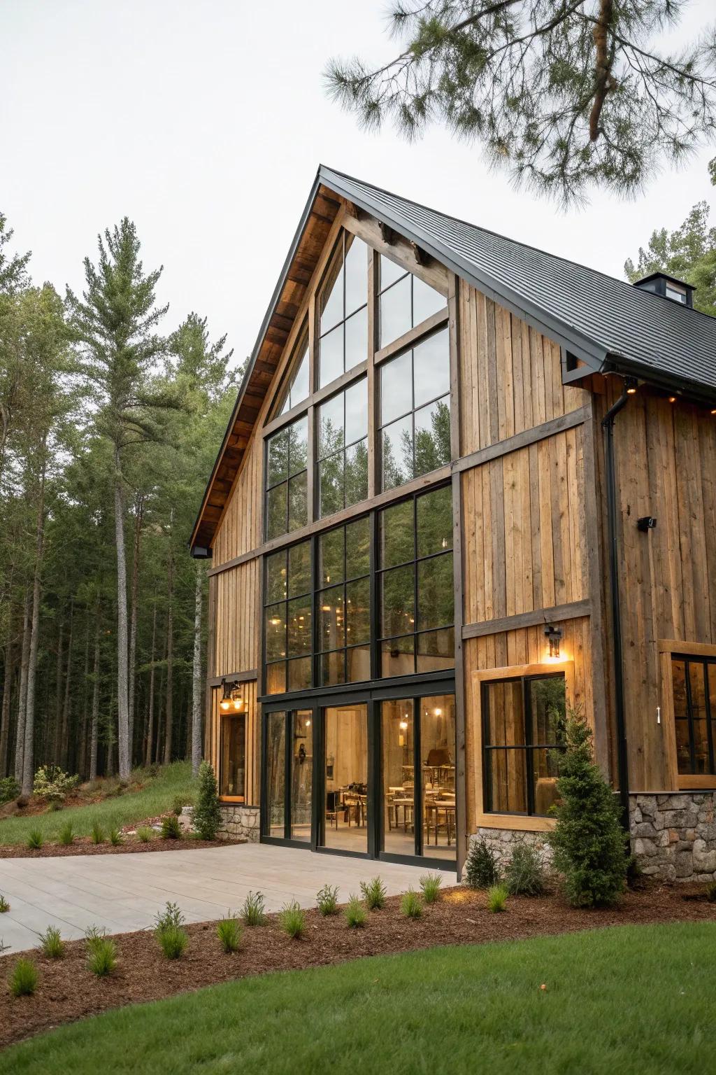 A modern rustic barn blending harmoniously with nature.