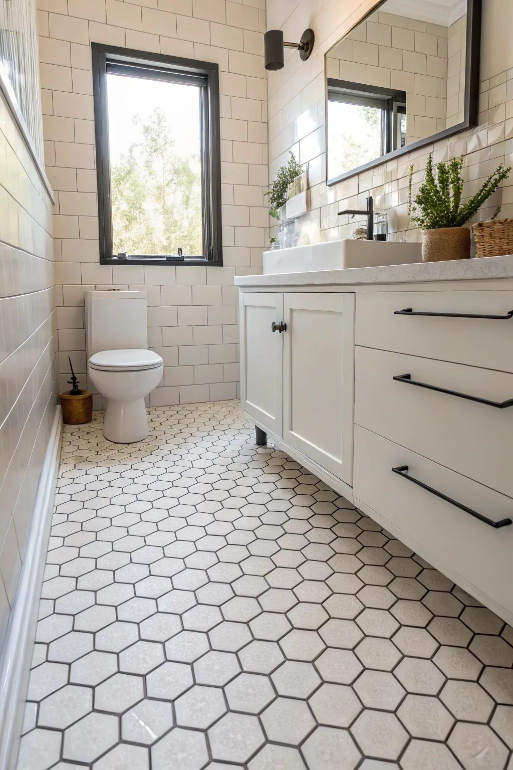 Honeycomb tiles contribute a chic geometric detail to any small bathroom.