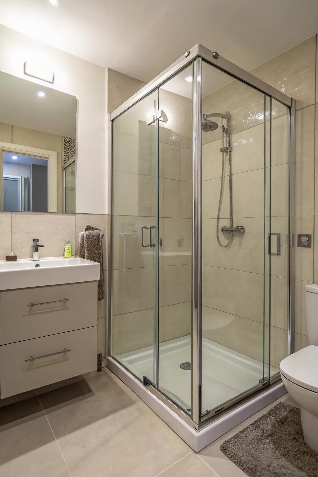 A barrier-free shower design that maximizes area in a compact bathroom.