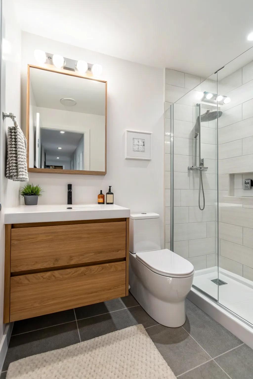 A wall-hung vanity introduces modern appeal while saving room.