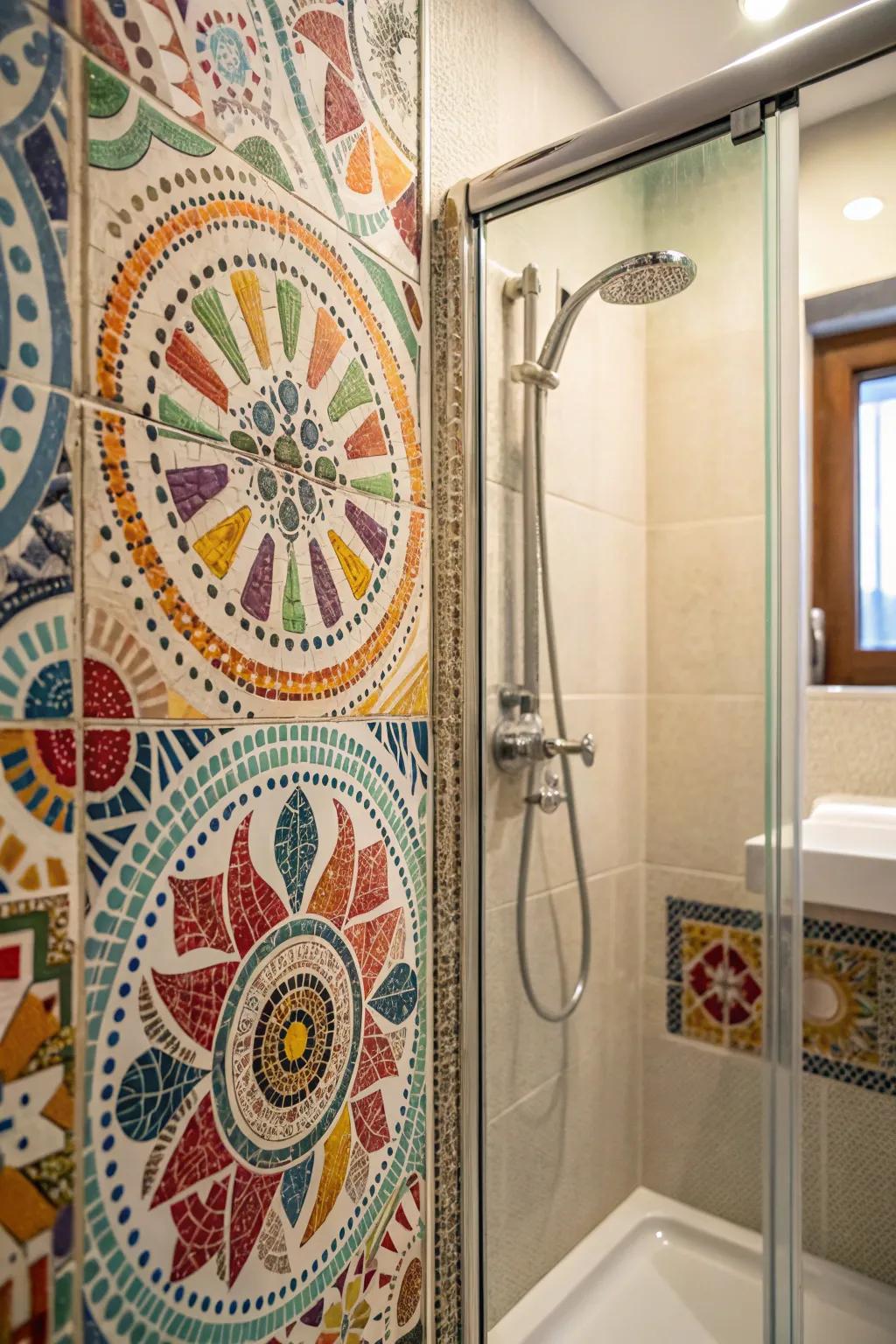 Patterned tiling provides an artistic touch to small shower spaces.