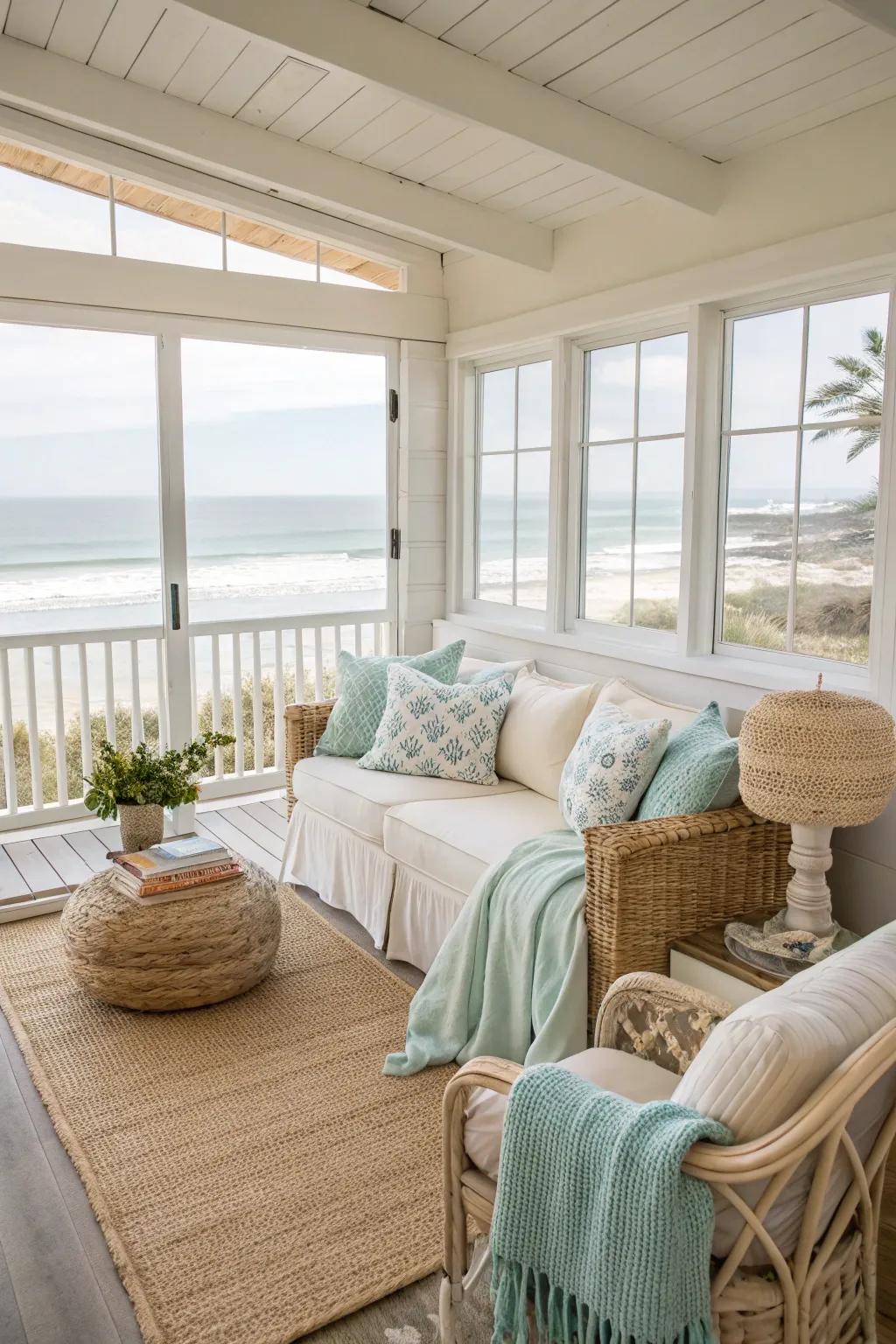 Bright and airy shades bring a rejuvenating and spacious atmosphere to your seaside condo.