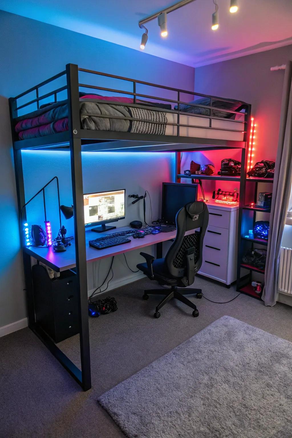 Utilize vertical space with loft beds for a functional gaming setup.