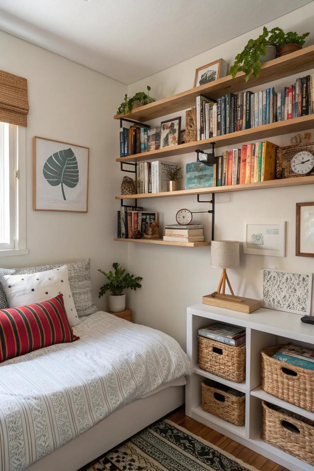 Shelves attached to the wall enhance both space and style.