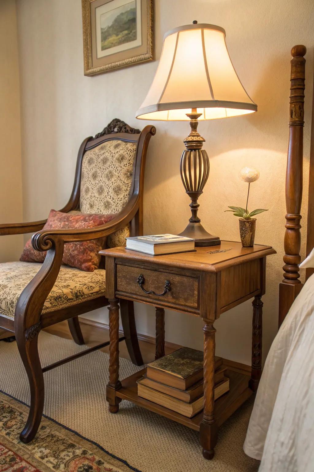 A classic chair creatively repurposed as a bedside table.