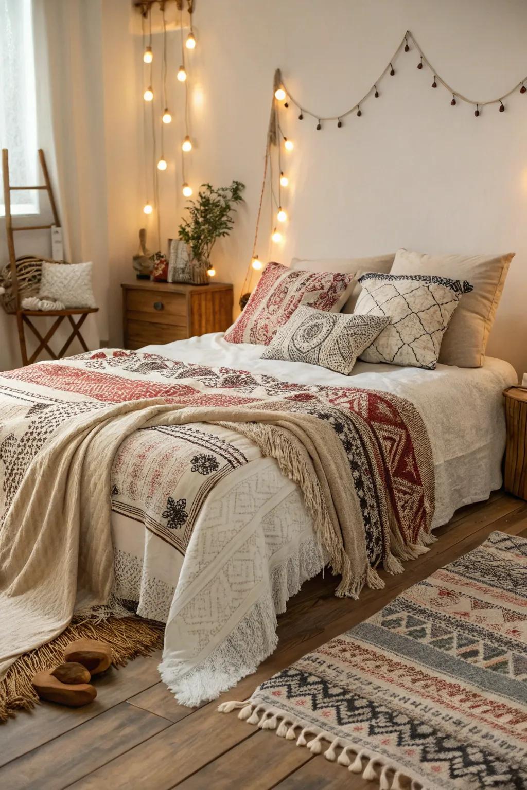 Layered textiles deliver warmth and richness to this compact boho bedroom