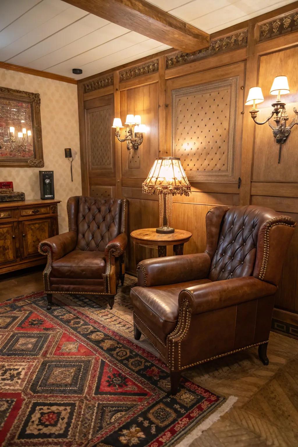 Luxurious leather seating enhances the classic ambiance of a small cigar lounge.