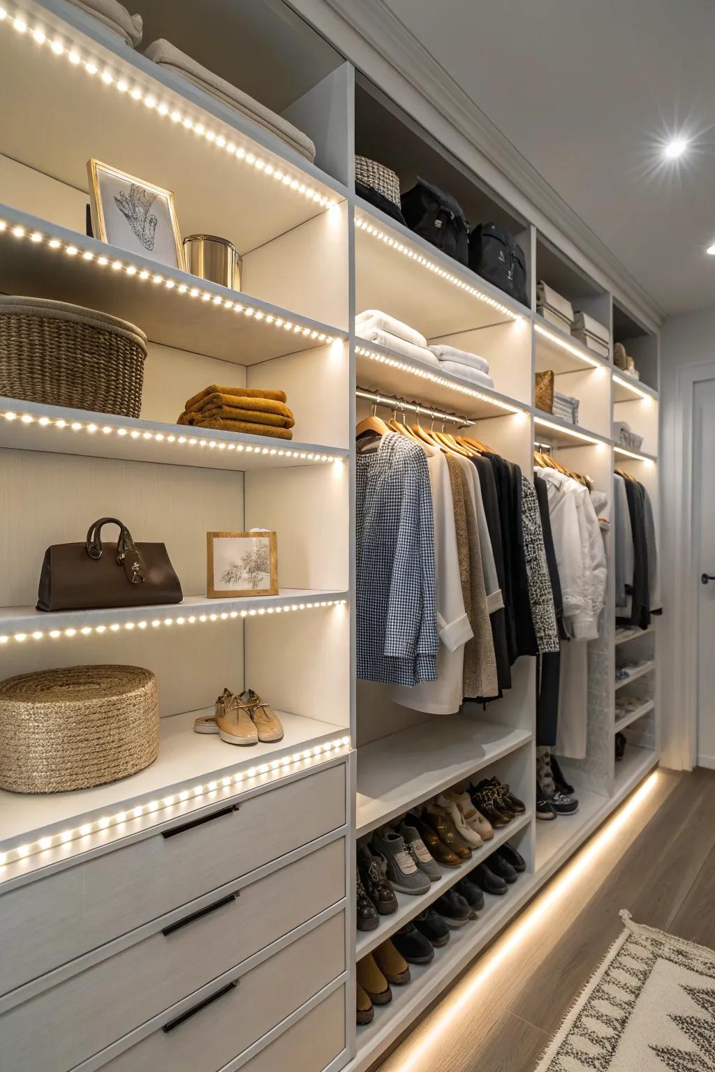LED ribbon lights provide a modern glow to closet racks.
