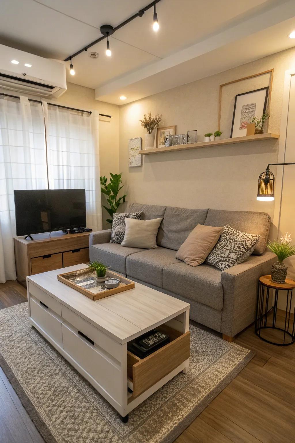 Multi-use furniture is essential for maximizing space.
