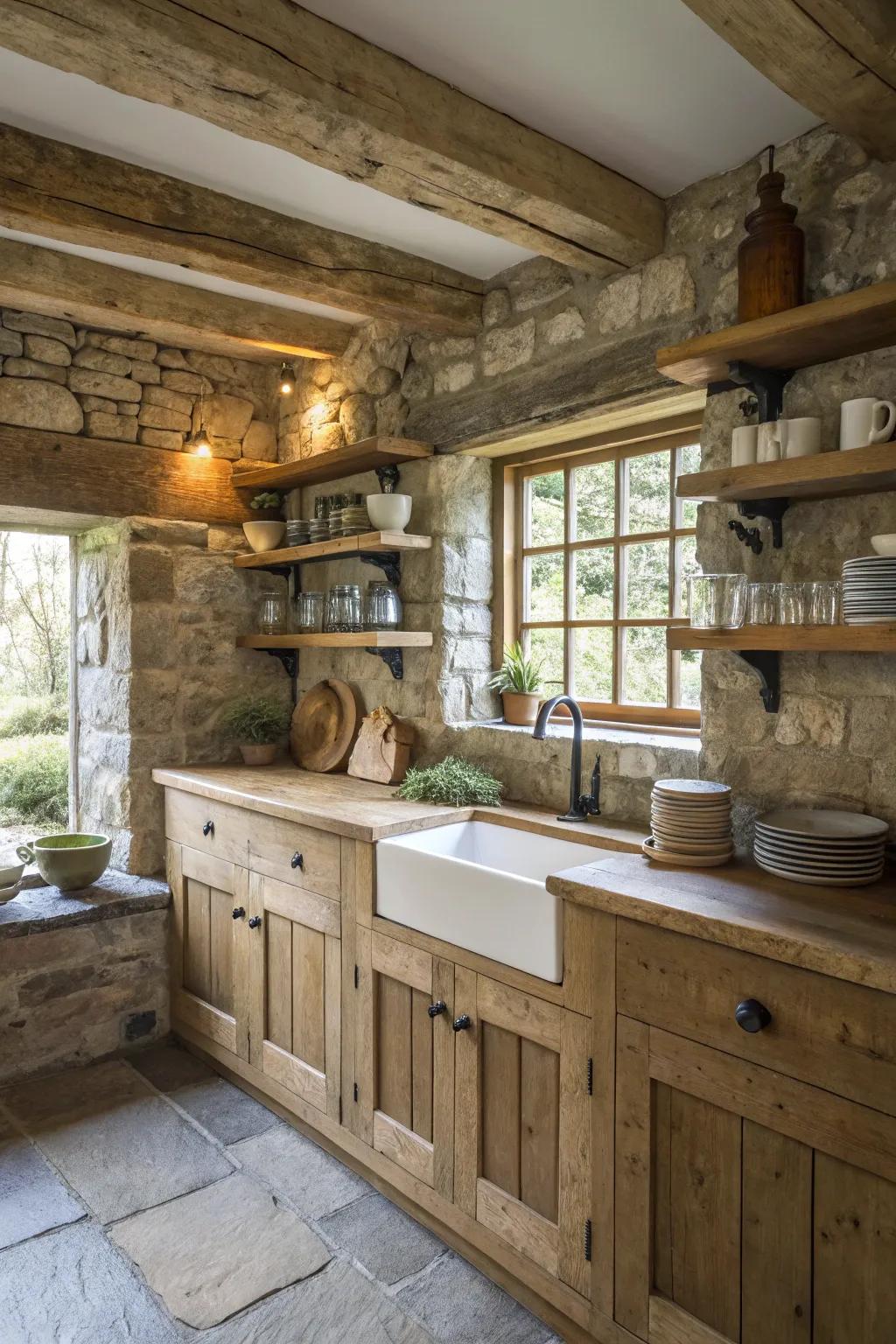 Organic materials give countryside charm to this small cottage kitchen.