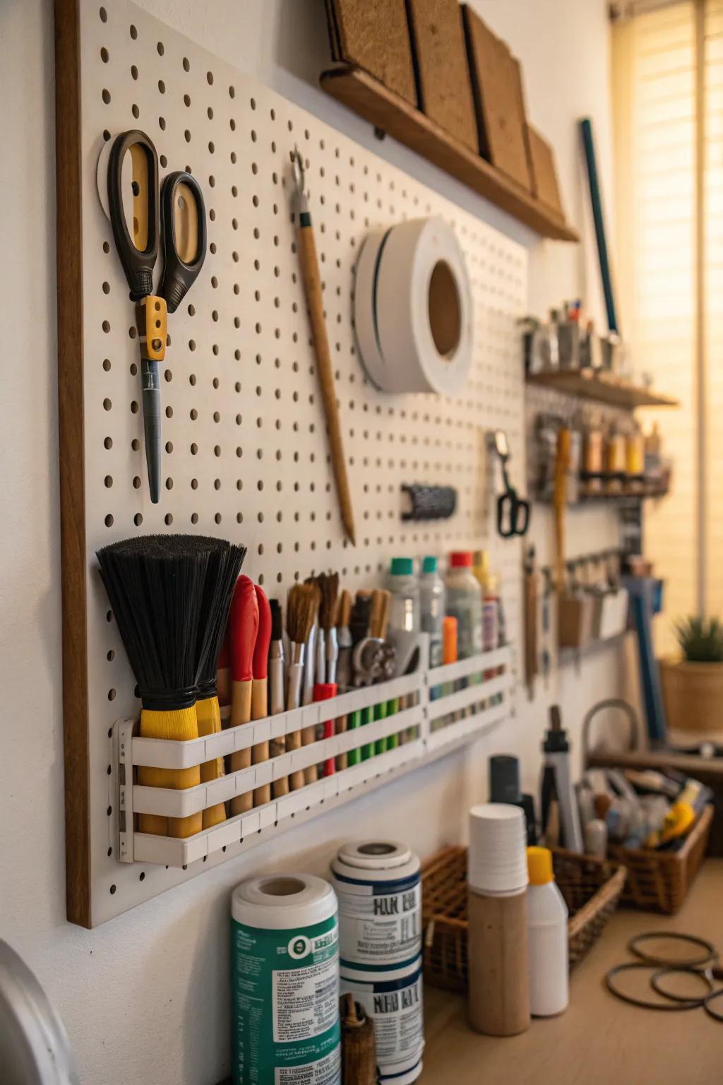 Pegboards make organizing easy and also add a decorative element.