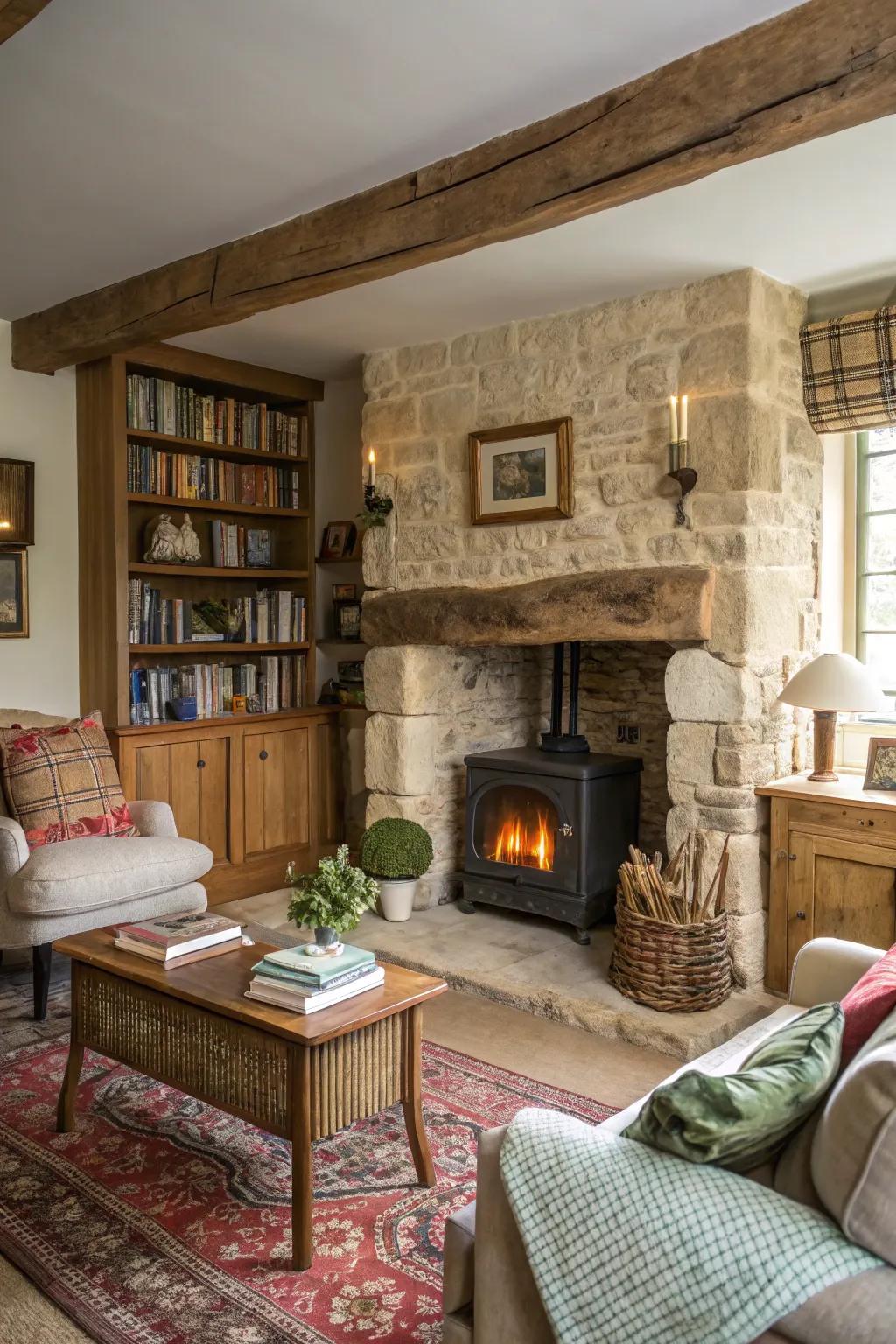 A stone fireplace functions as a welcoming central feature in this cottage living space.