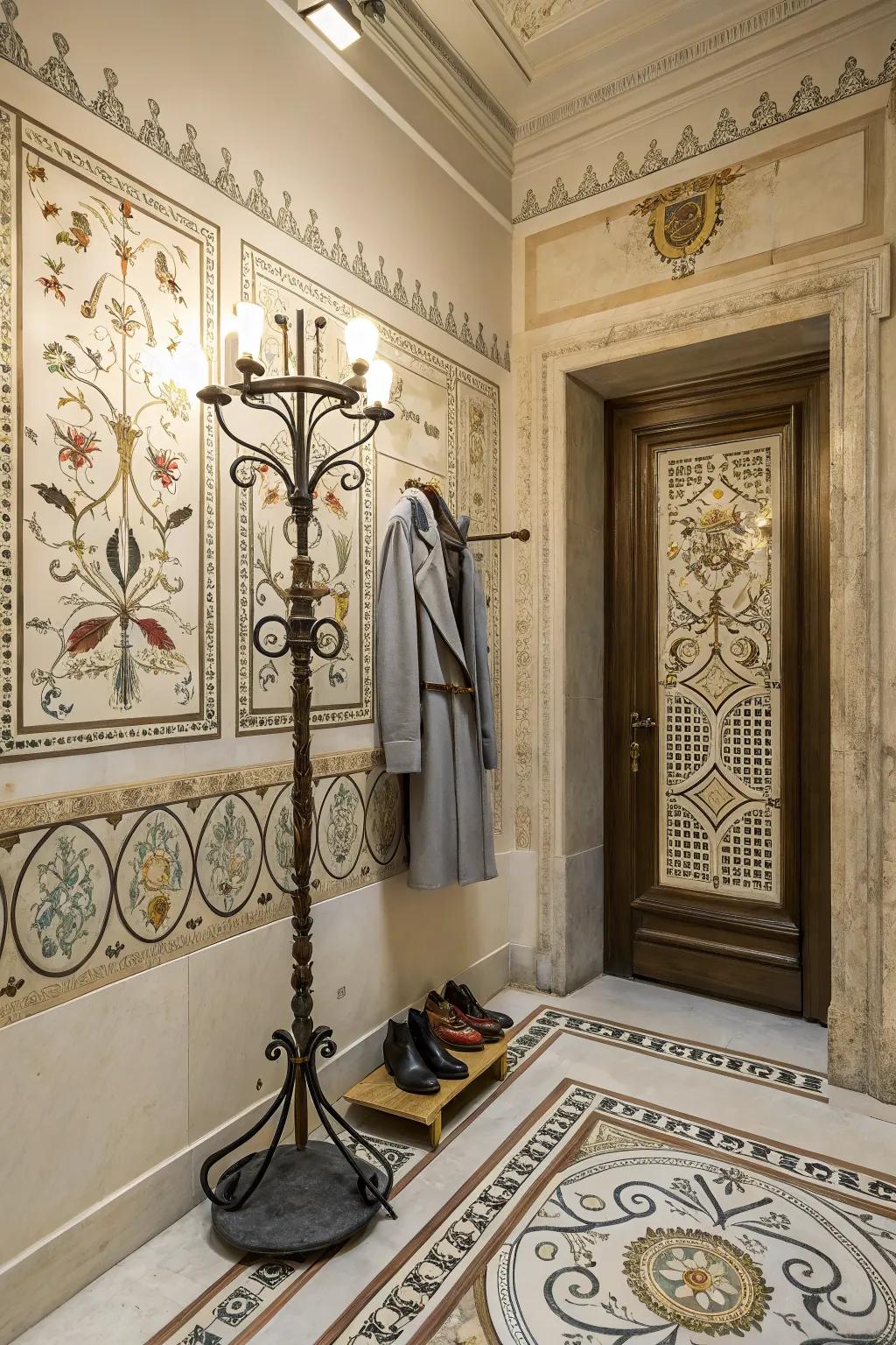 Stylish Marble Inlay Coverings in a Comfortable Entryway