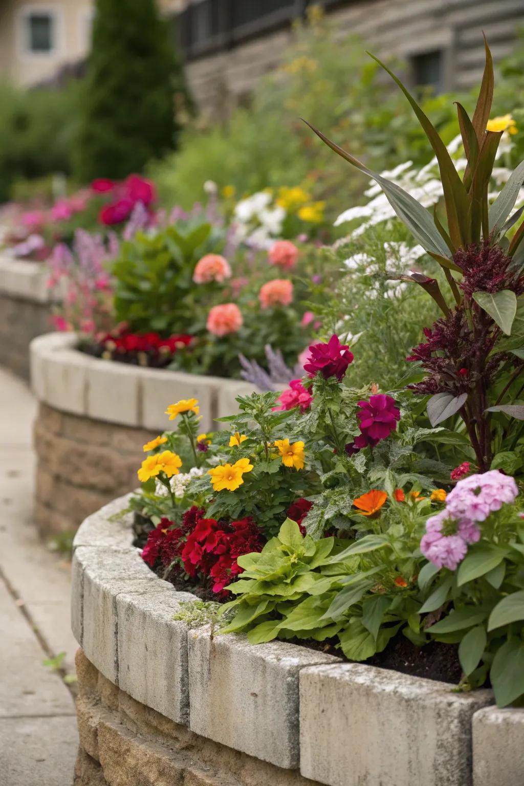 A tiered compact flower bed showcasing a stunning array of plants of varying heights and colors.