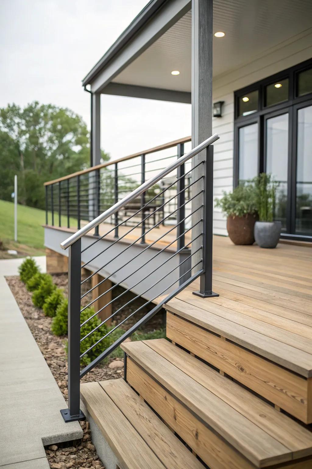 Modern handrails impart style to a diminutive front deck.