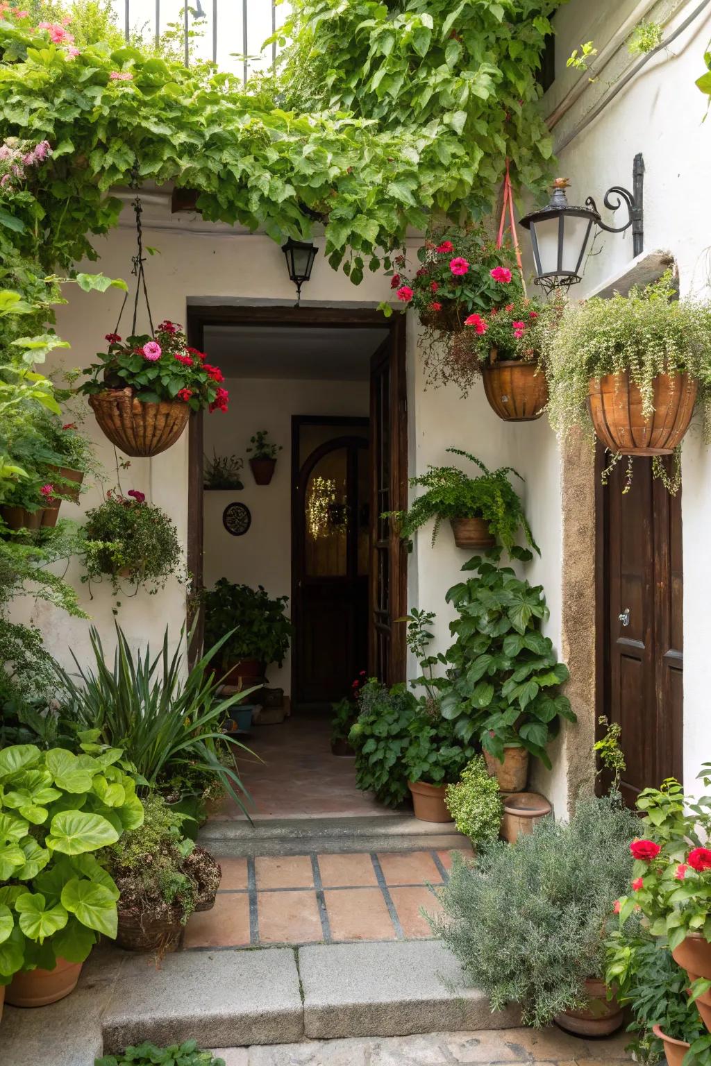Botanicals enhance the natural appeal of a small entrance.