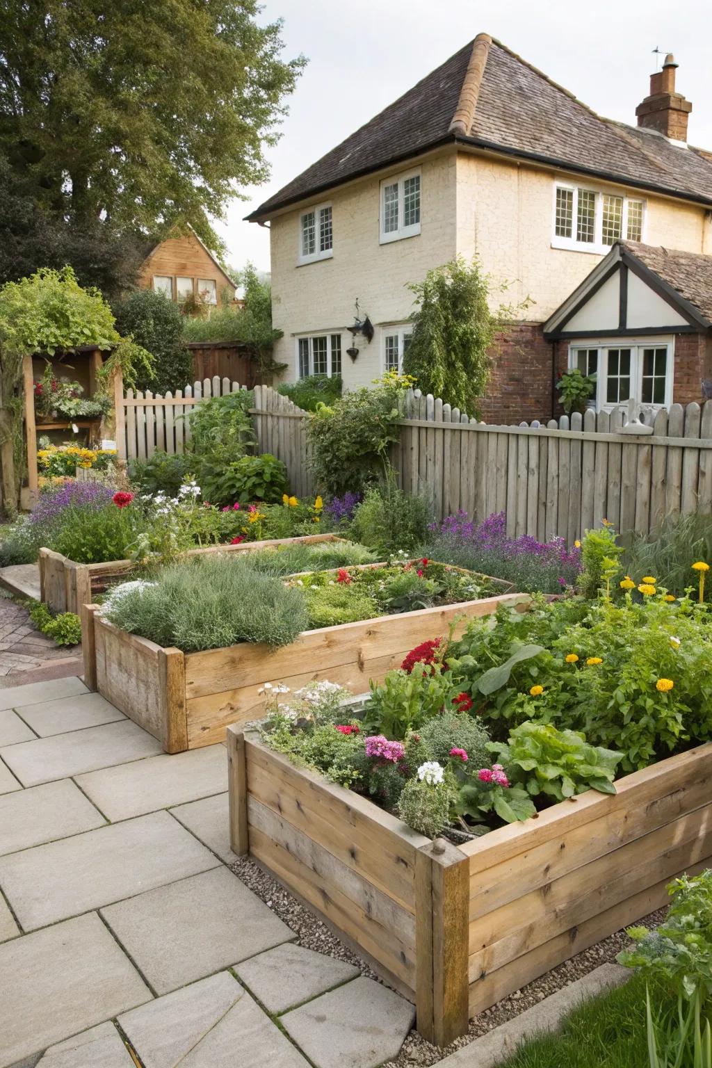 Elevated wooden beds flourishing with vibrant flowers and herbs.