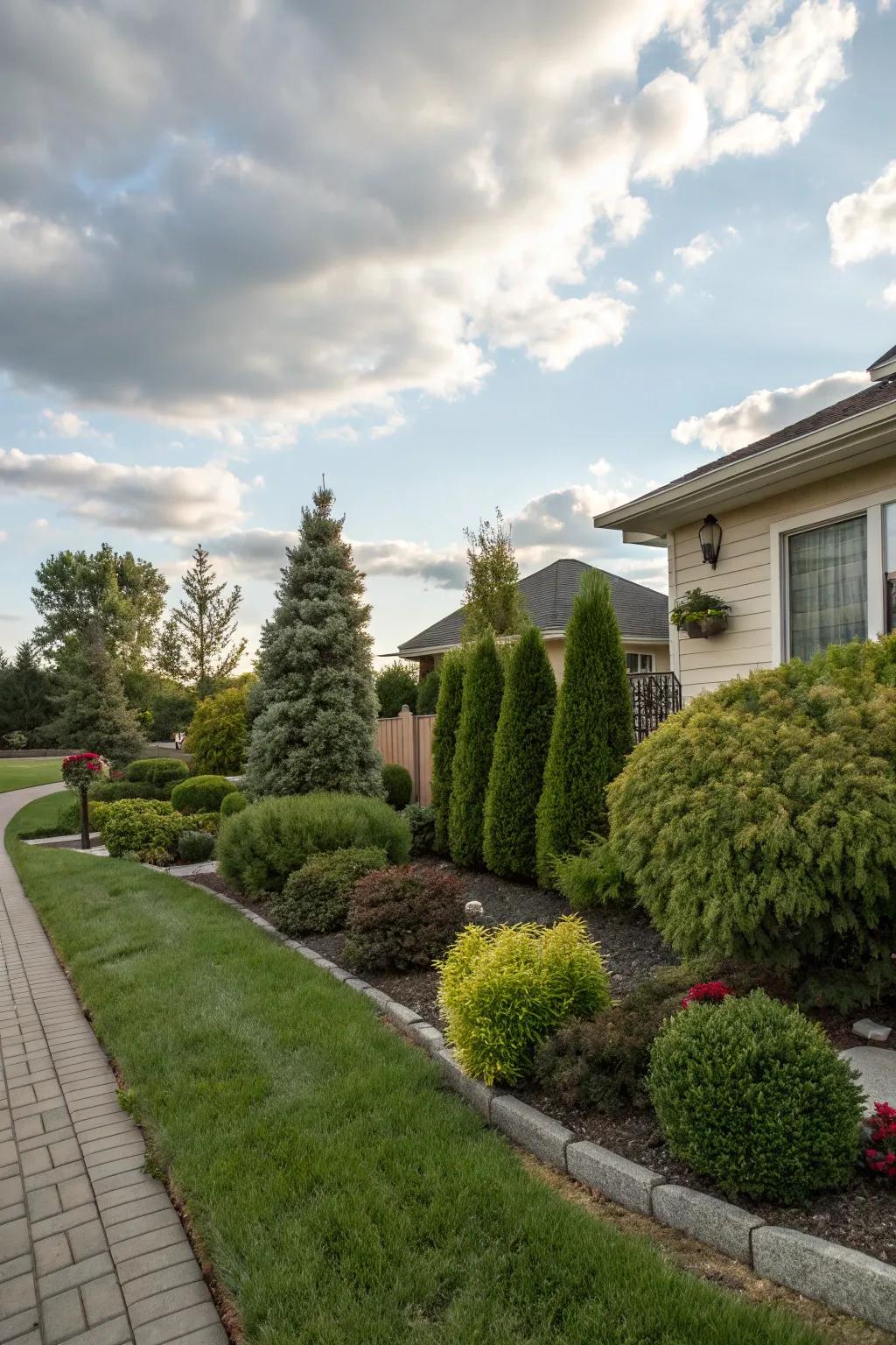 Compact evergreens offer a rich backdrop with minimal effort.