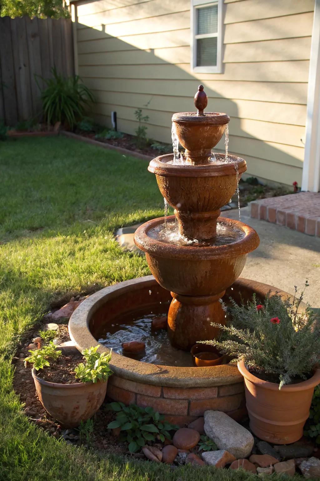 A terracotta tiered fountain adds warmth and character.