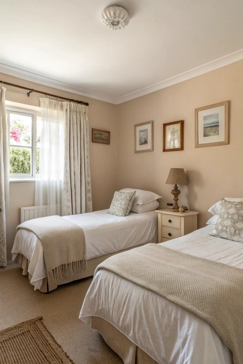 Neutral hues foster a roomy and peaceful ambiance.