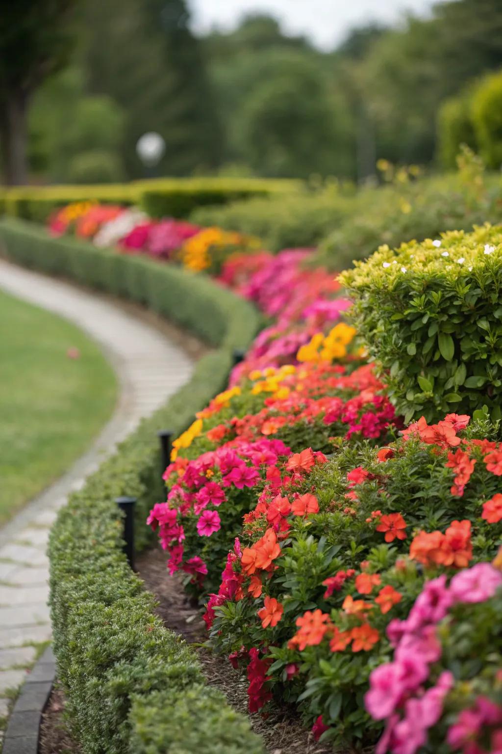 Floral beds highlighted by understated hedges for a mesmerizing garden ambiance.