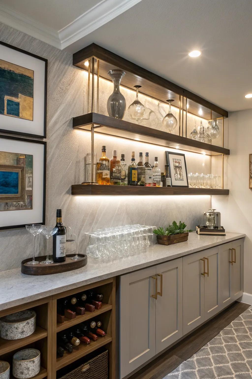 Floating shelves bring a refined touch to any small home bar.