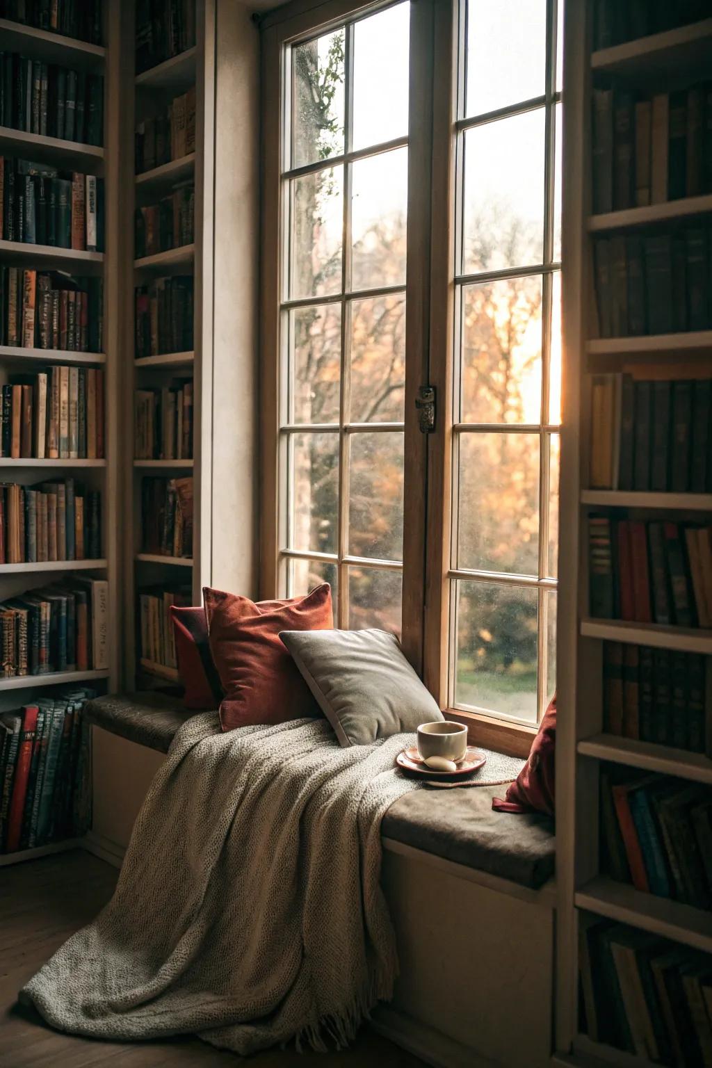 Enjoy natural light in a cozy reading nook created by a window seat.