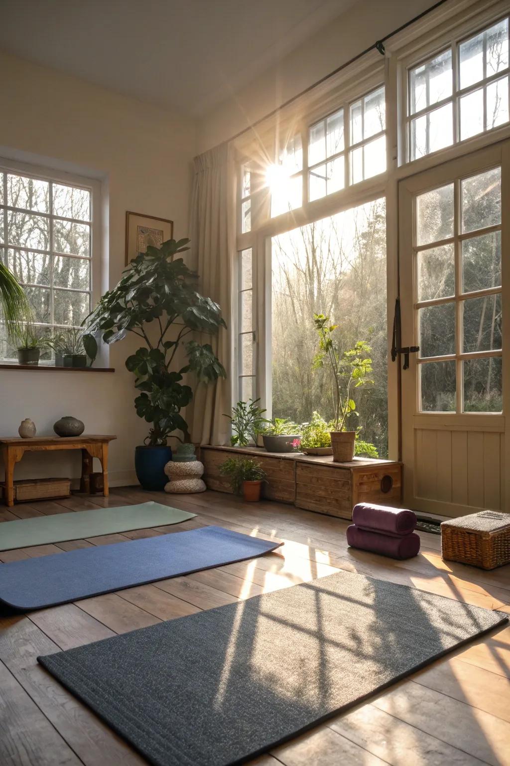 Compact yoga area featuring plenty of natural light from a big window.