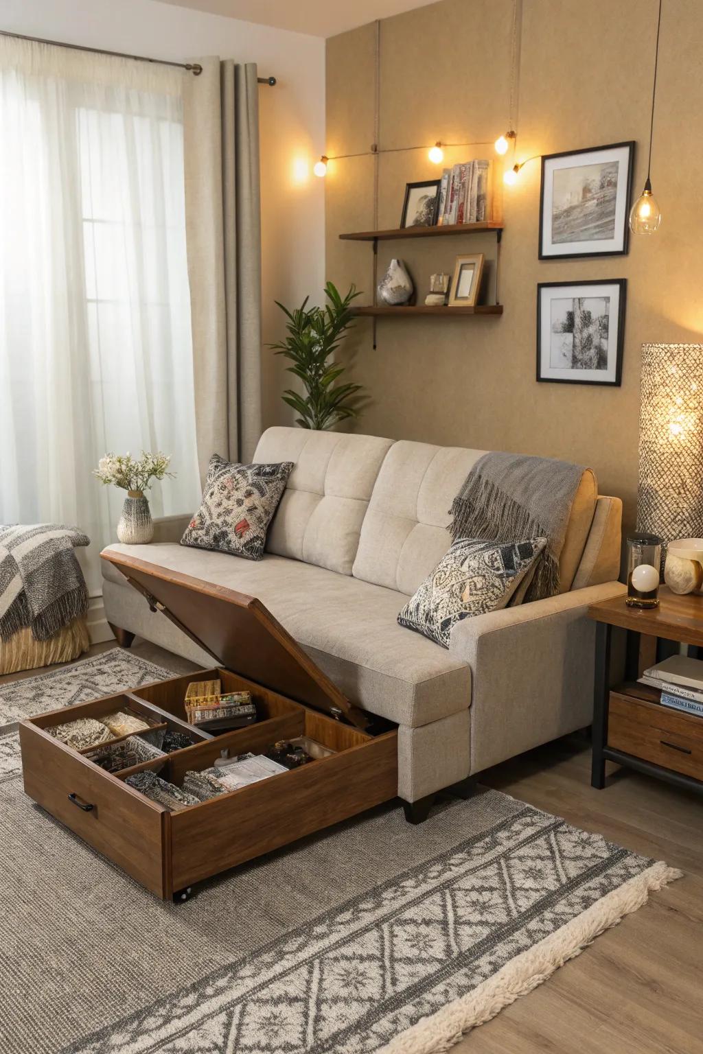 A stylish sofa bed and coffee table with storage in a small living room.