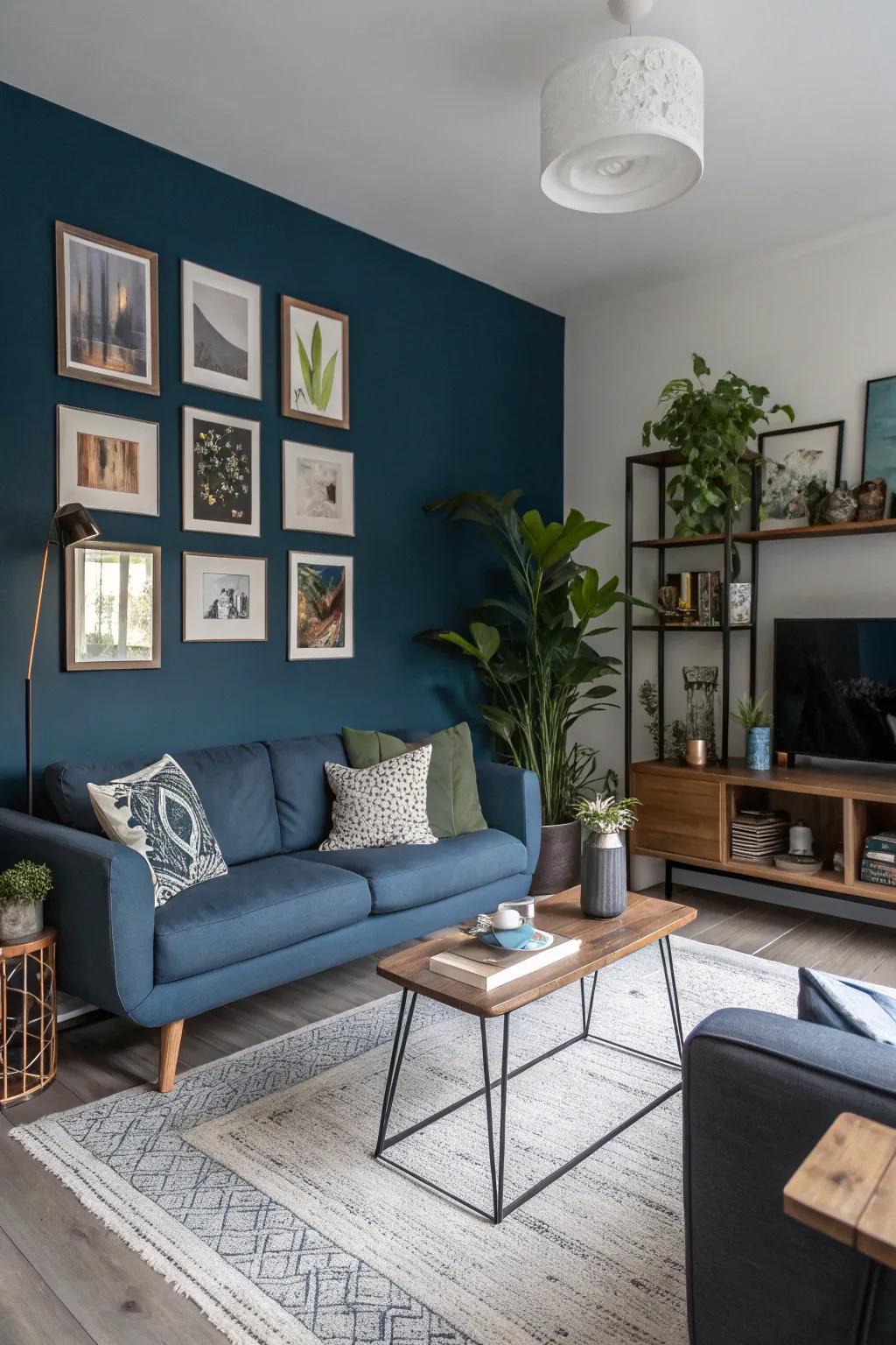 A small living room enhanced by a deep blue feature wall, adding visual depth.