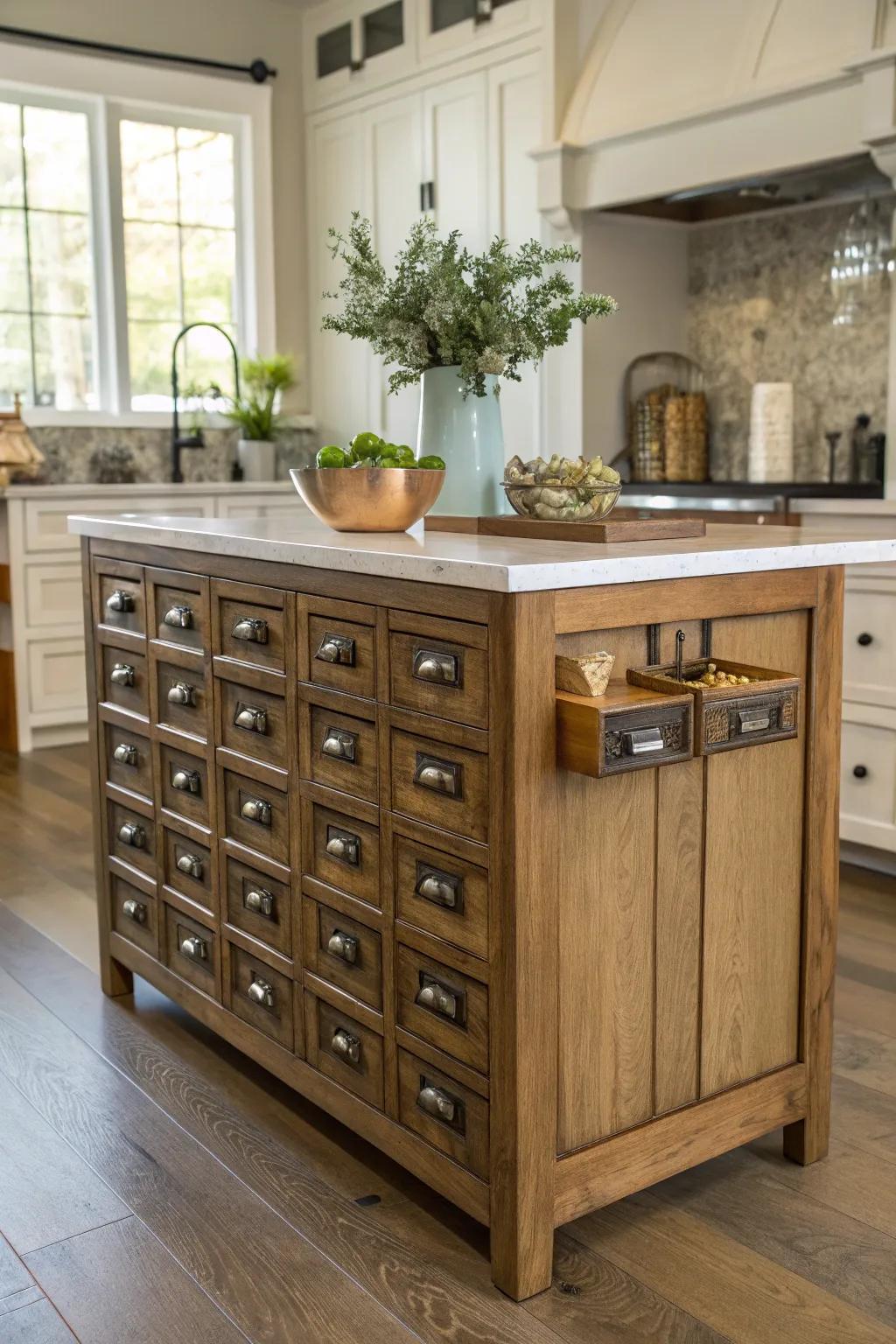A unique island with apothecary drawers offering charm and storage.