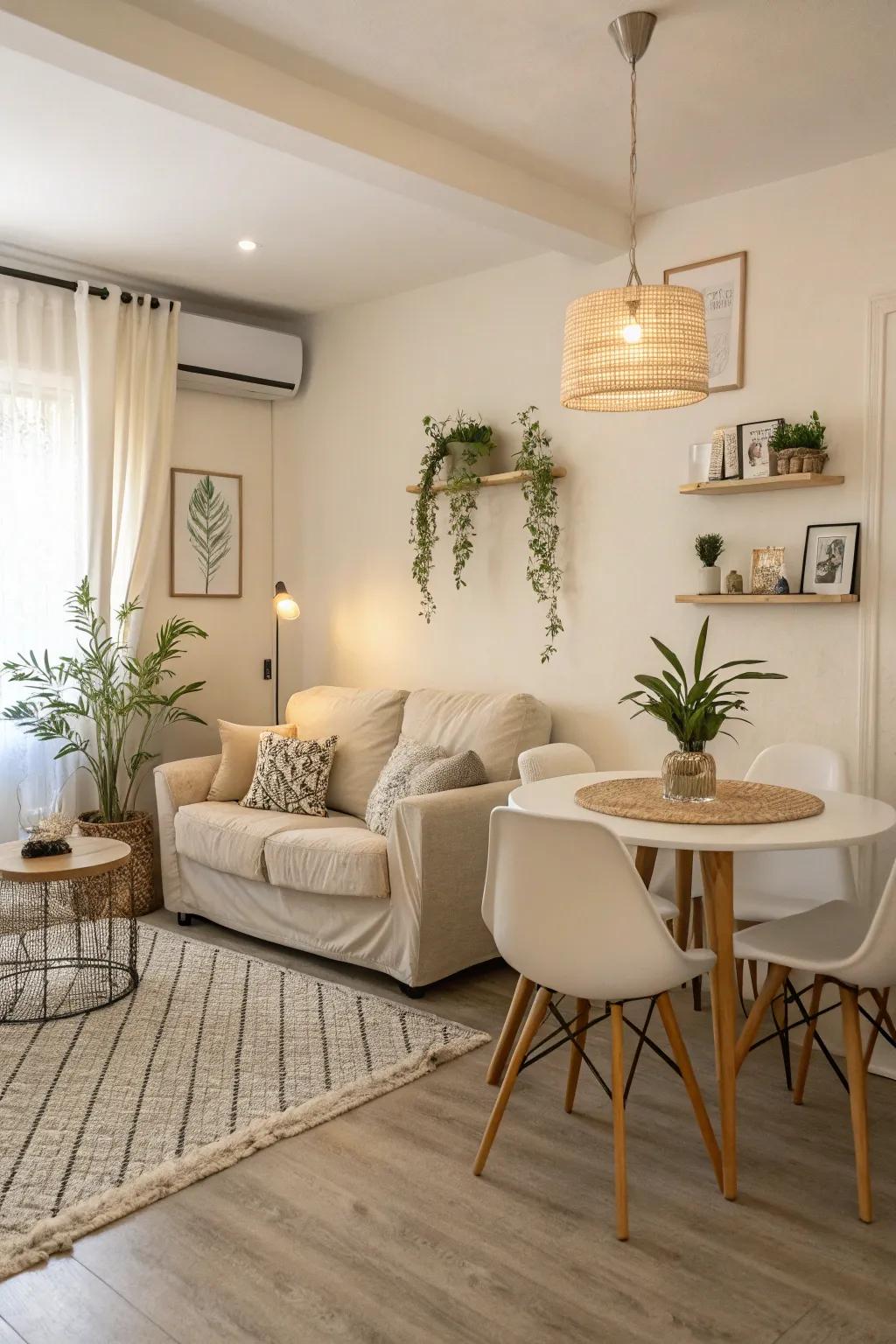 Neutral hues expanding the perceived area in a compact combination room.