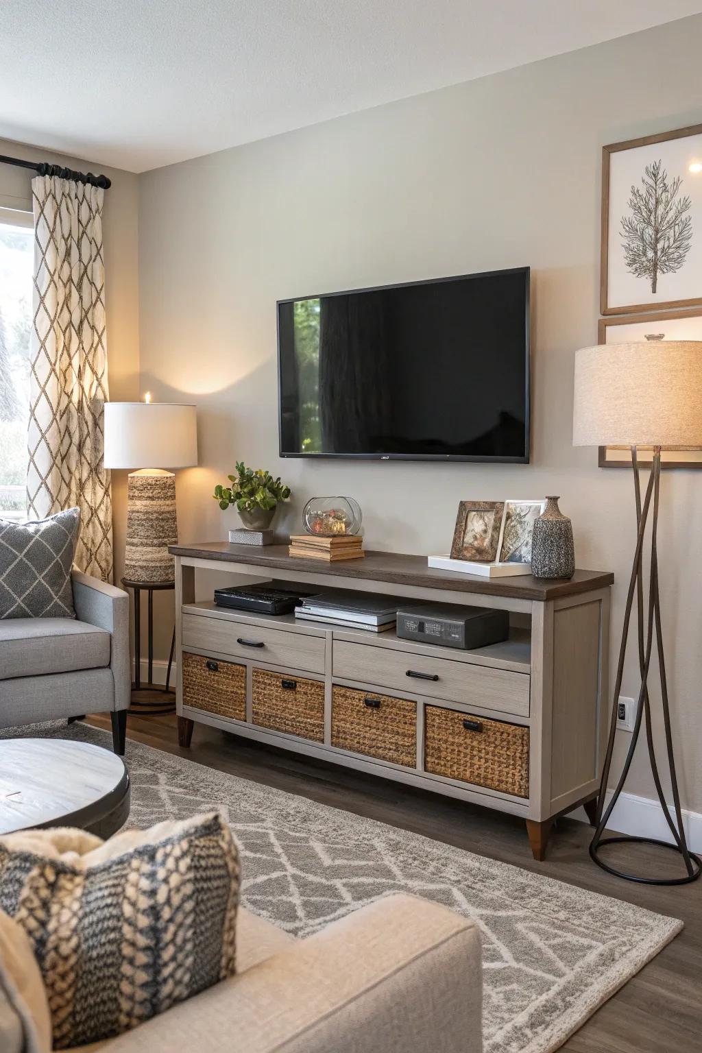 A wall-mounted TV saves space and adds a modern touch.