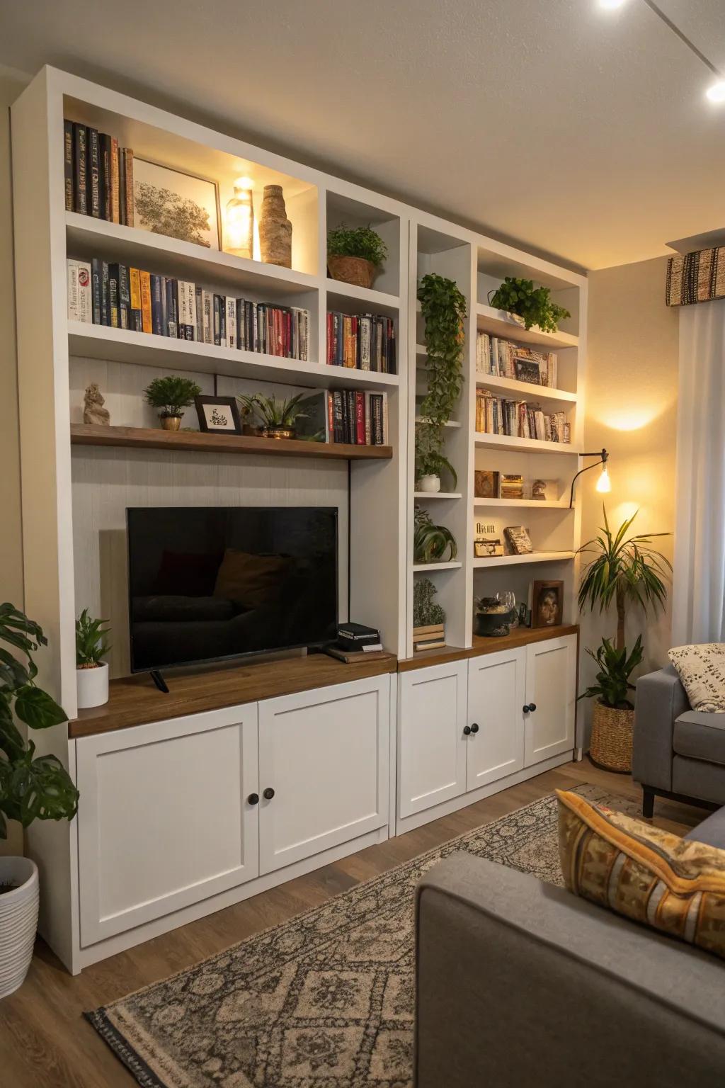 Vertical storage options conserve space and introduce character.