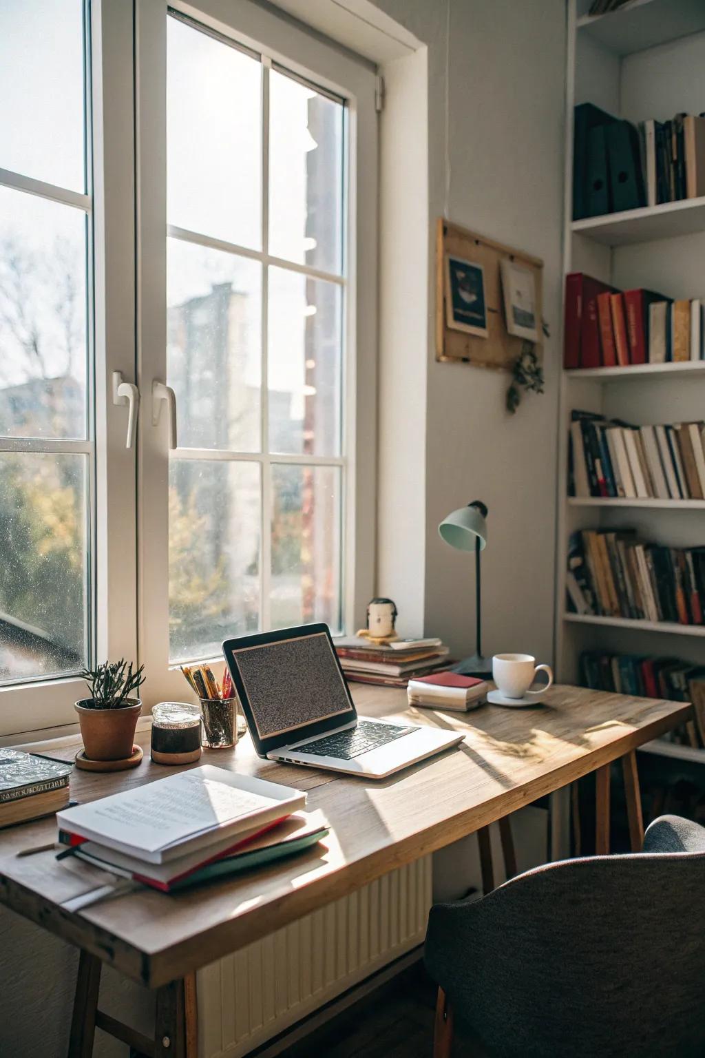 A setup that amplifies natural light for an invigorating office setting.