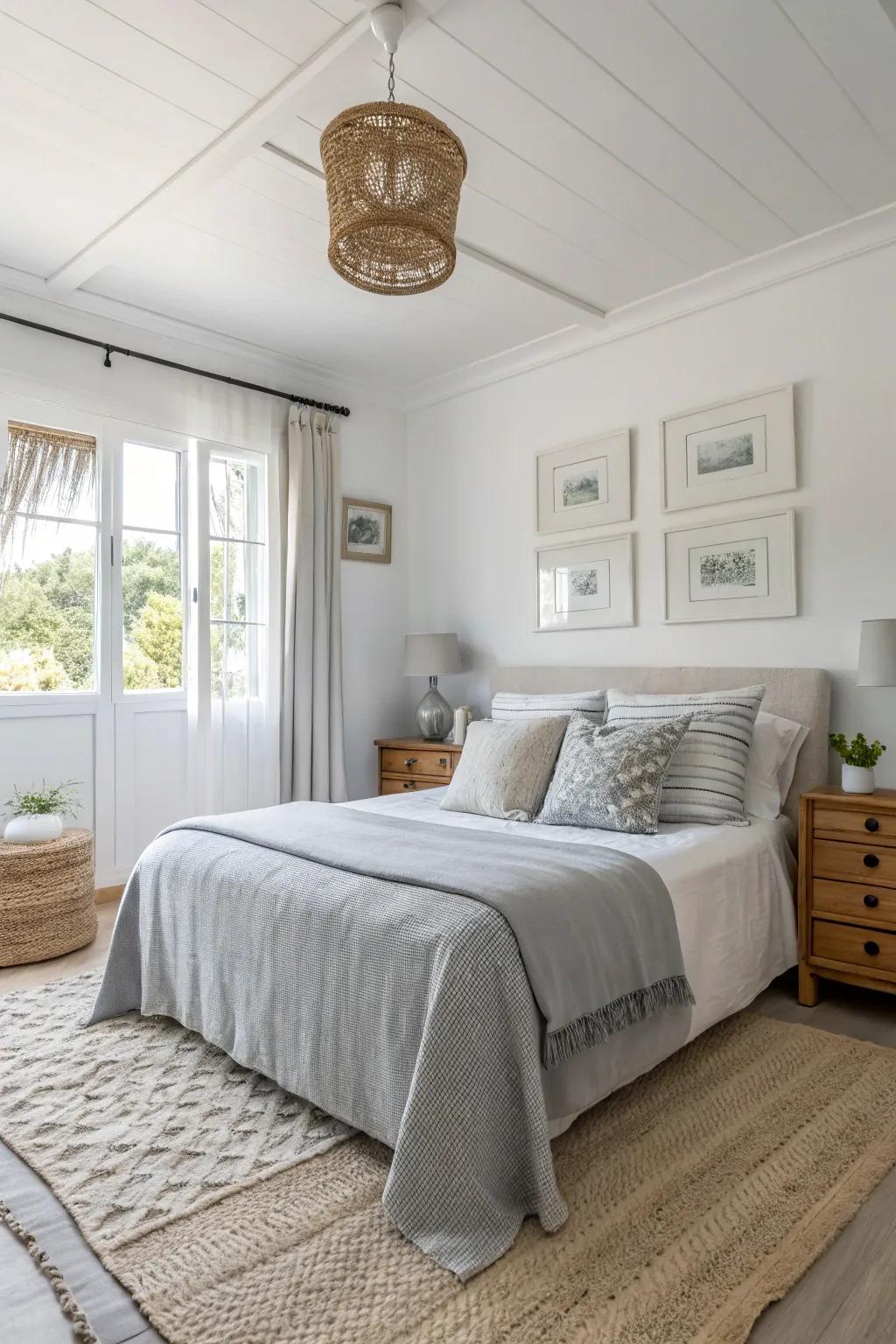 Light shades give the illusion of space in a small master bedroom.