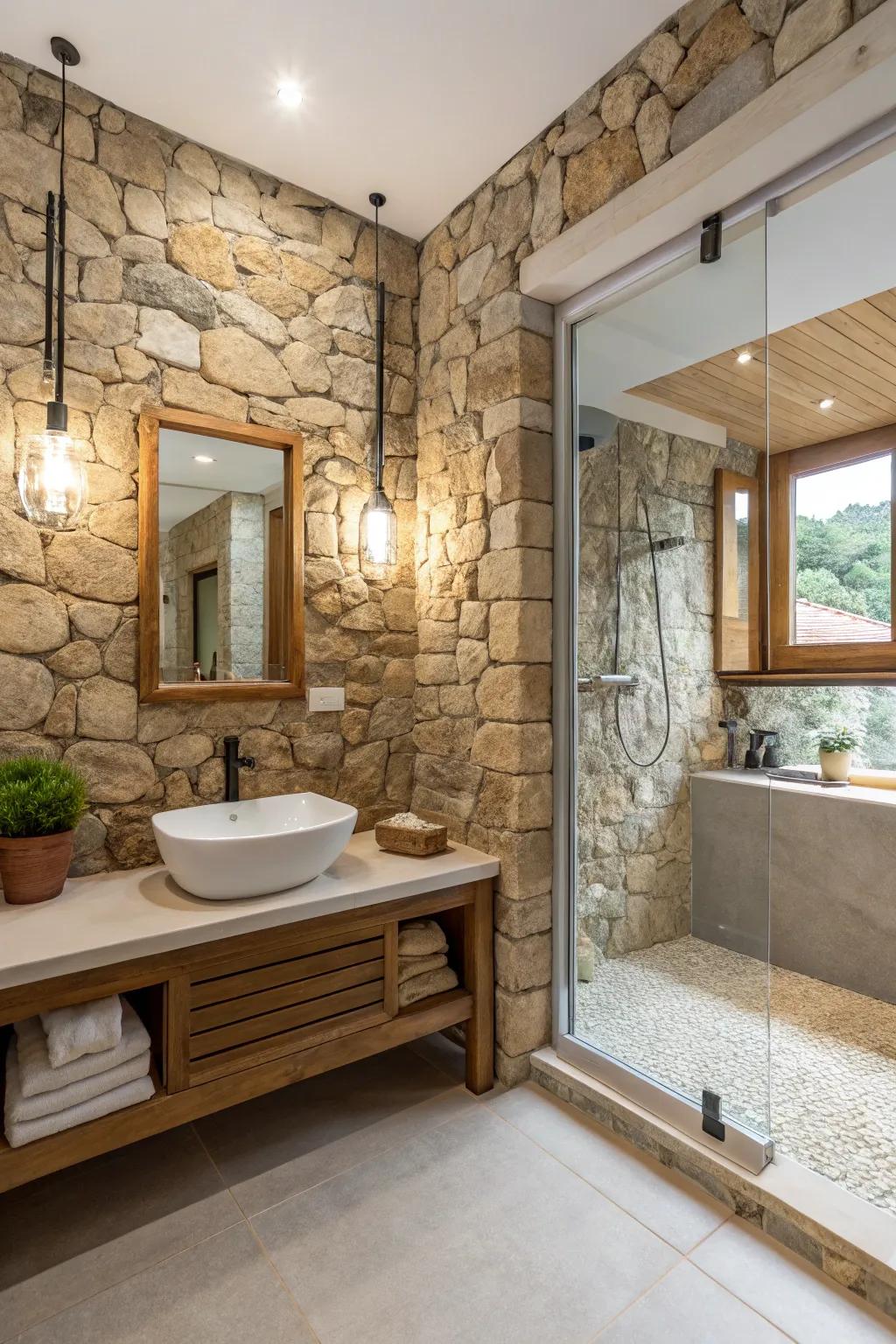 Stone walls provide texture in a compact modern country bathroom.