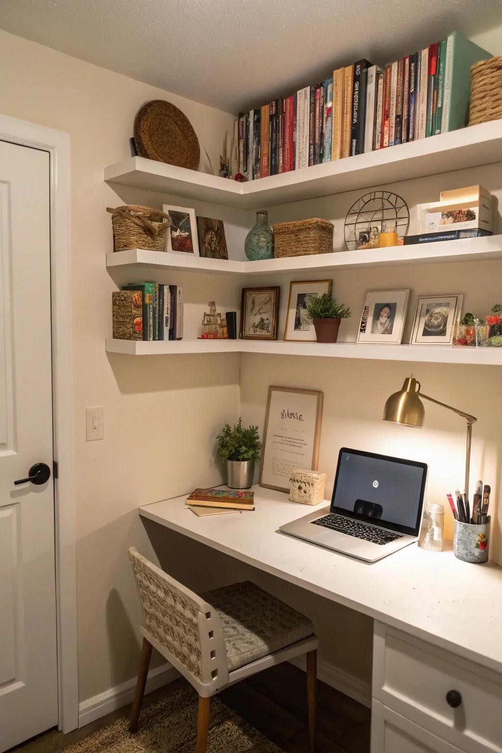 Floating shelves offer functional storage while improving the look of the office.