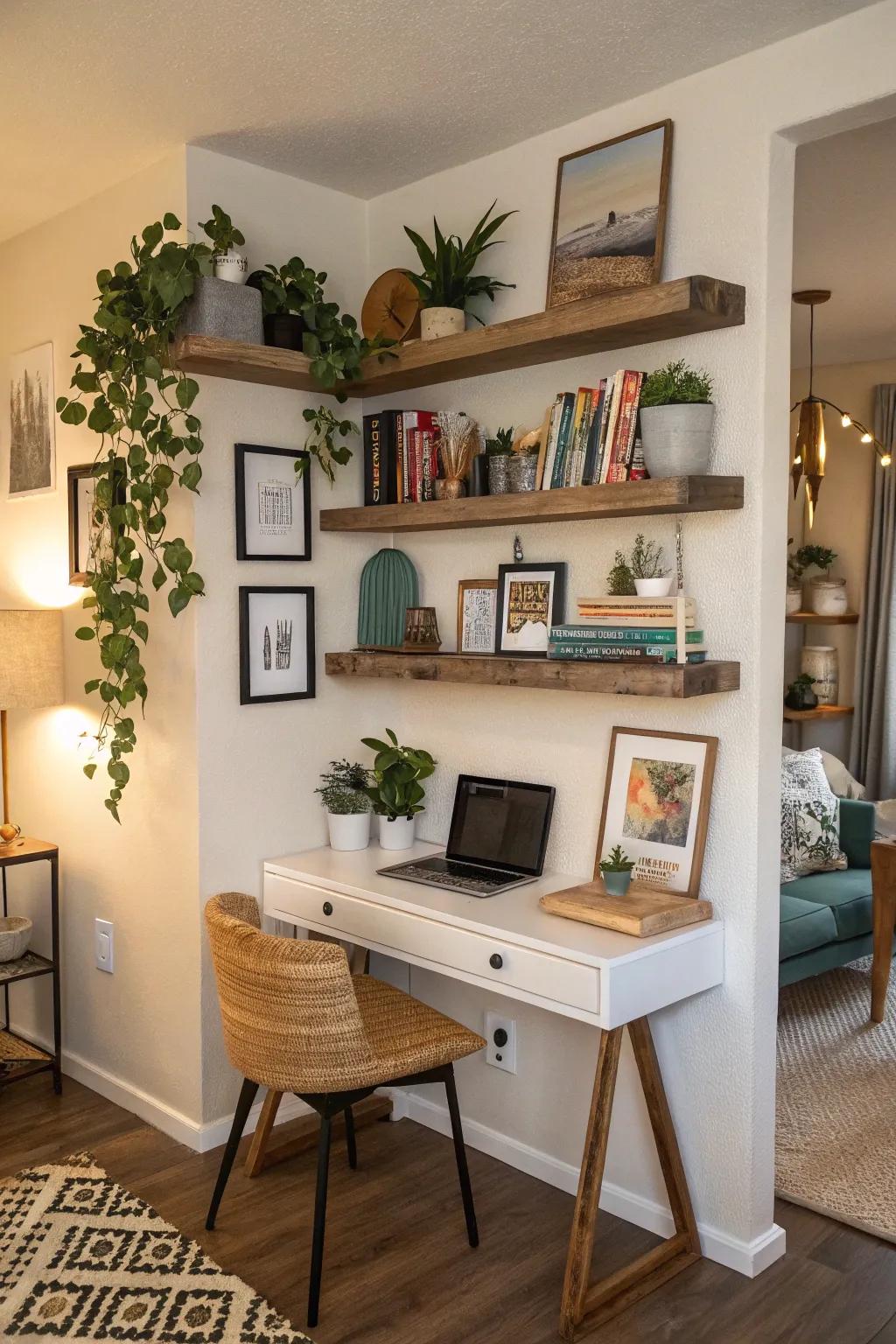 Wall-mounted shelves bring flair and practicality to your office area.