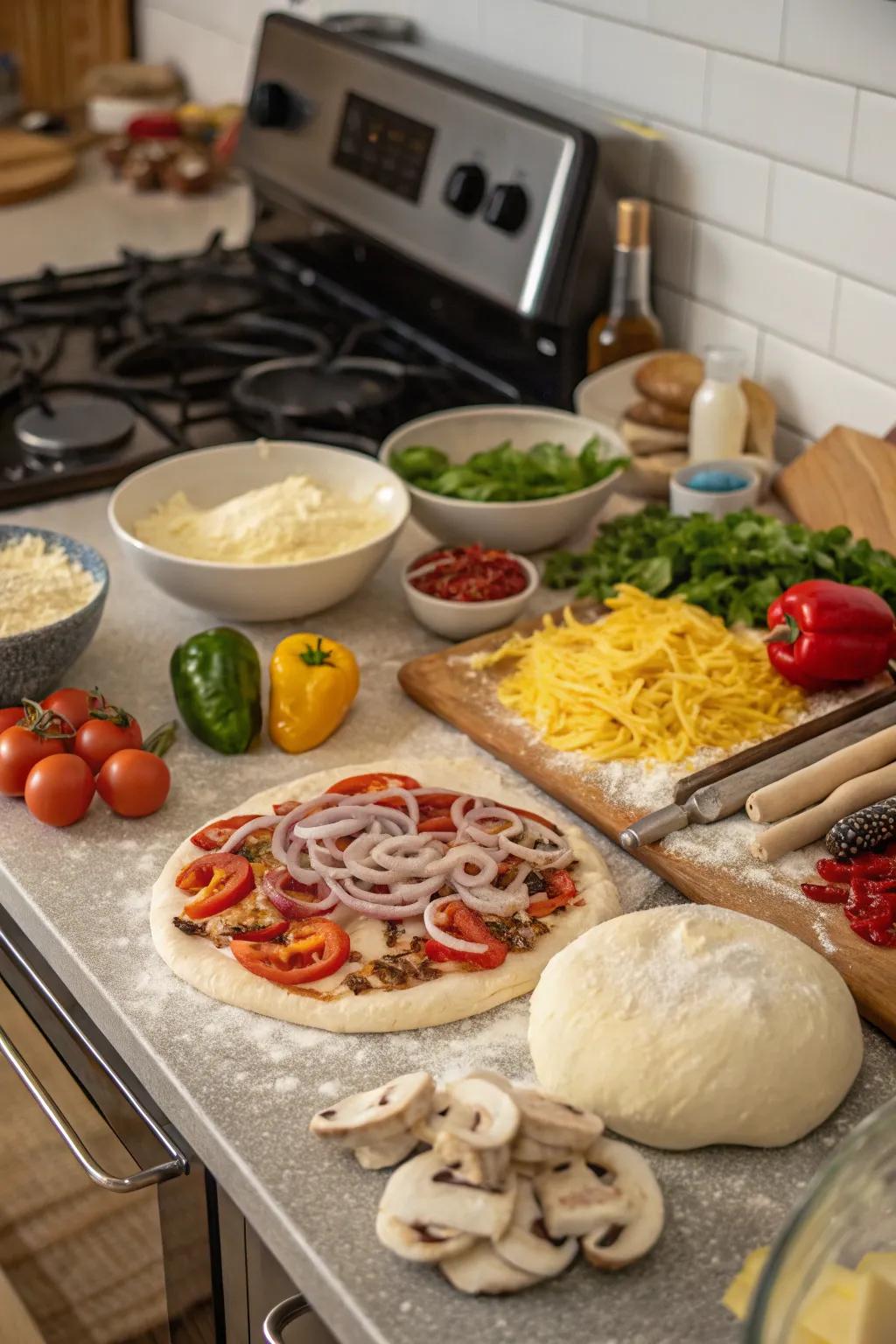 A make-your-own pizza section all set for guests to create their own pizzas.