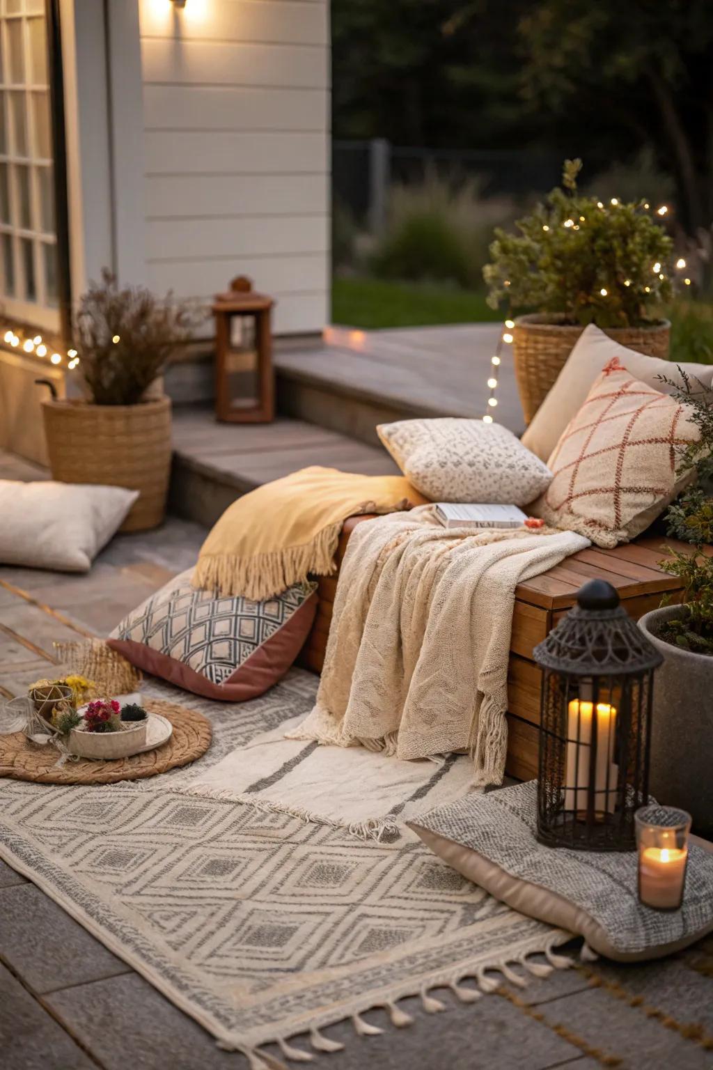 Cushions and throws add warmth to a small patio.