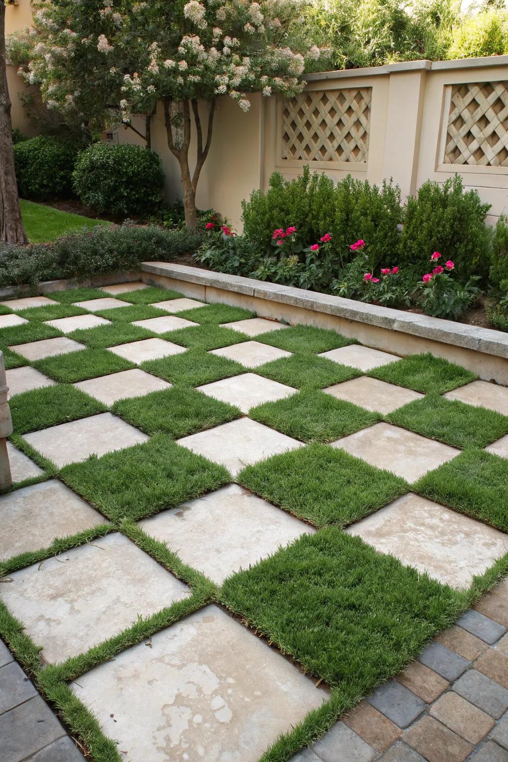 A lively combination of grass and pavers in a checkerboard design.