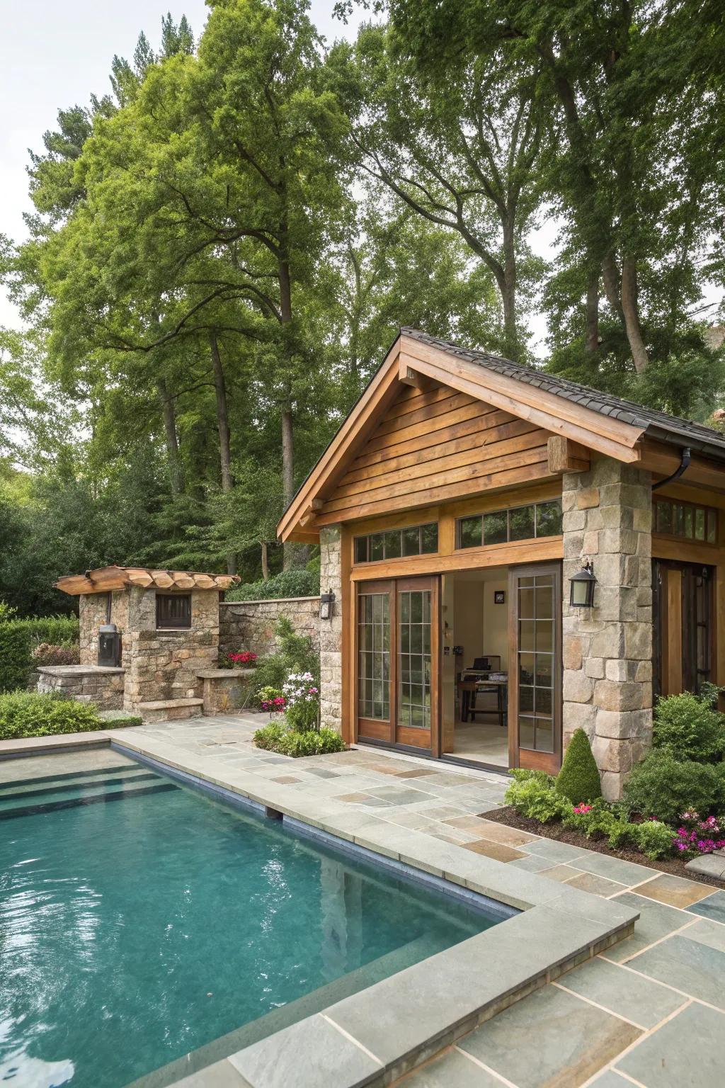 A pool house design fluidly merging natural elements.