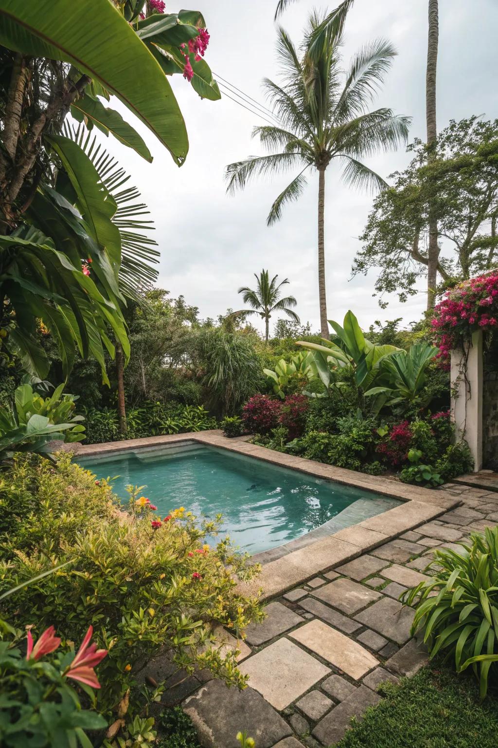 Transform your pool area into a tropical paradise with lush plants and vibrant greenery.