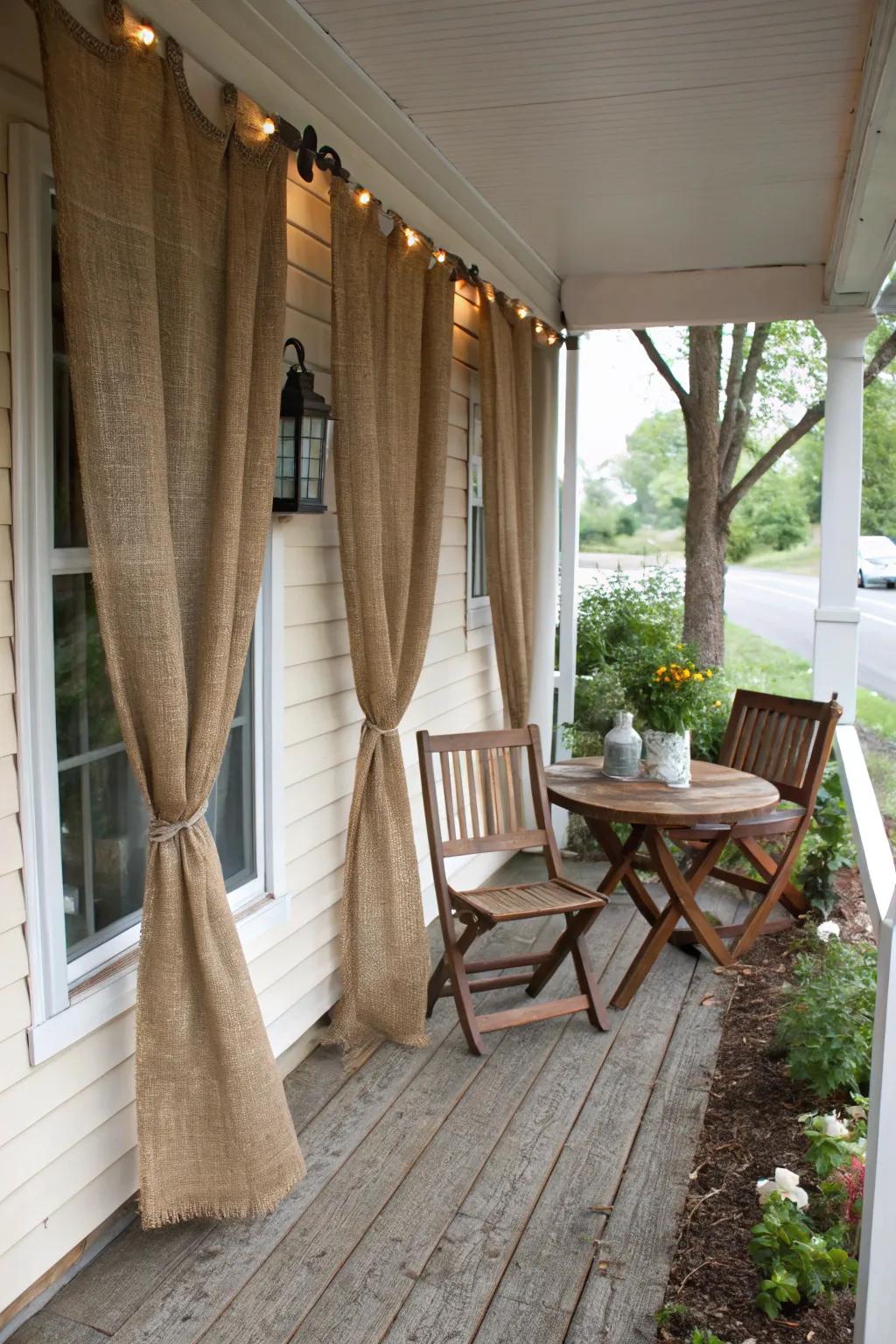 Hessian curtains infuse a rustic, inviting vibe into your comfortable porch arrangement.