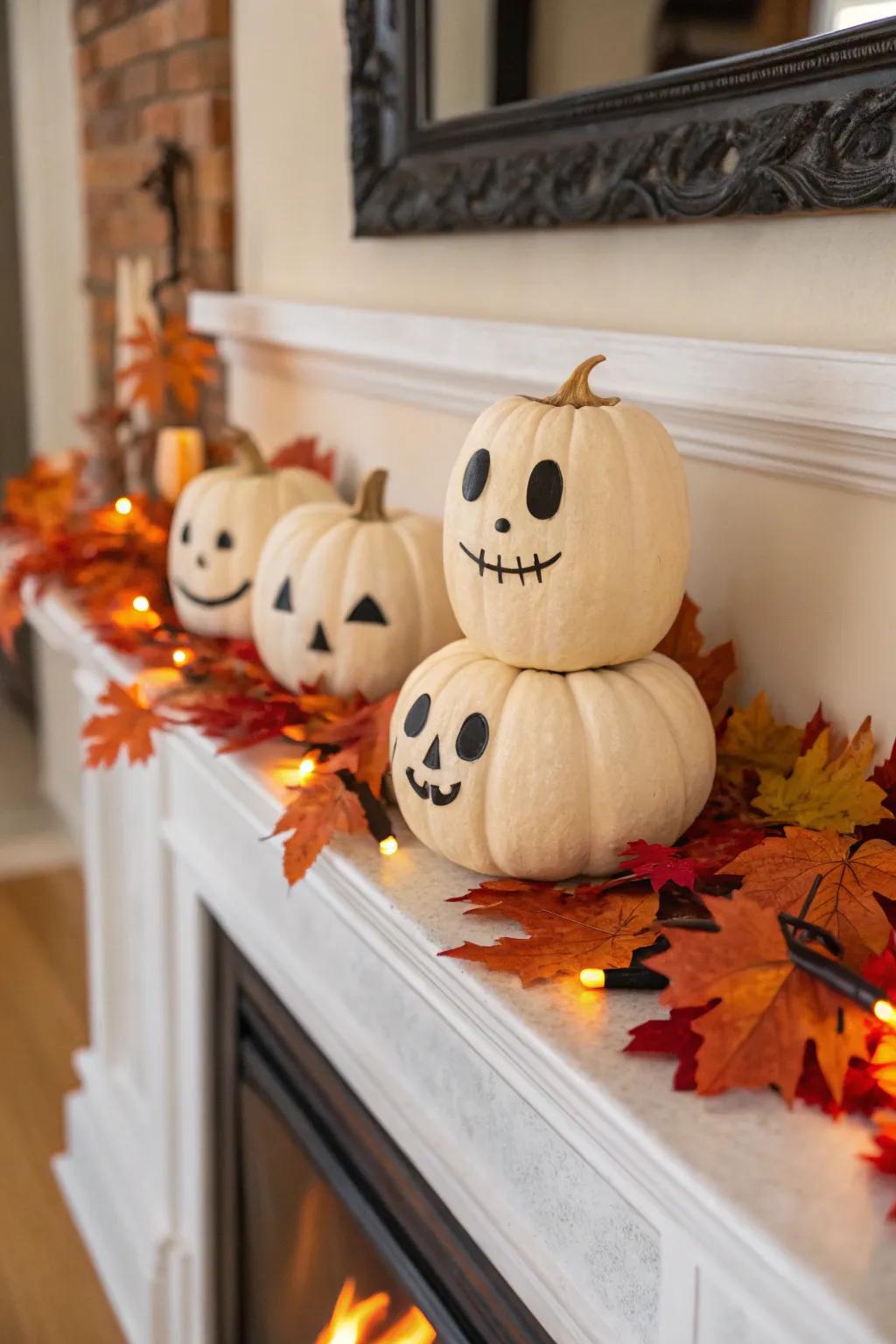 Miniature Jack-o'-lanterns featuring expressive faces bring Halloween delight.