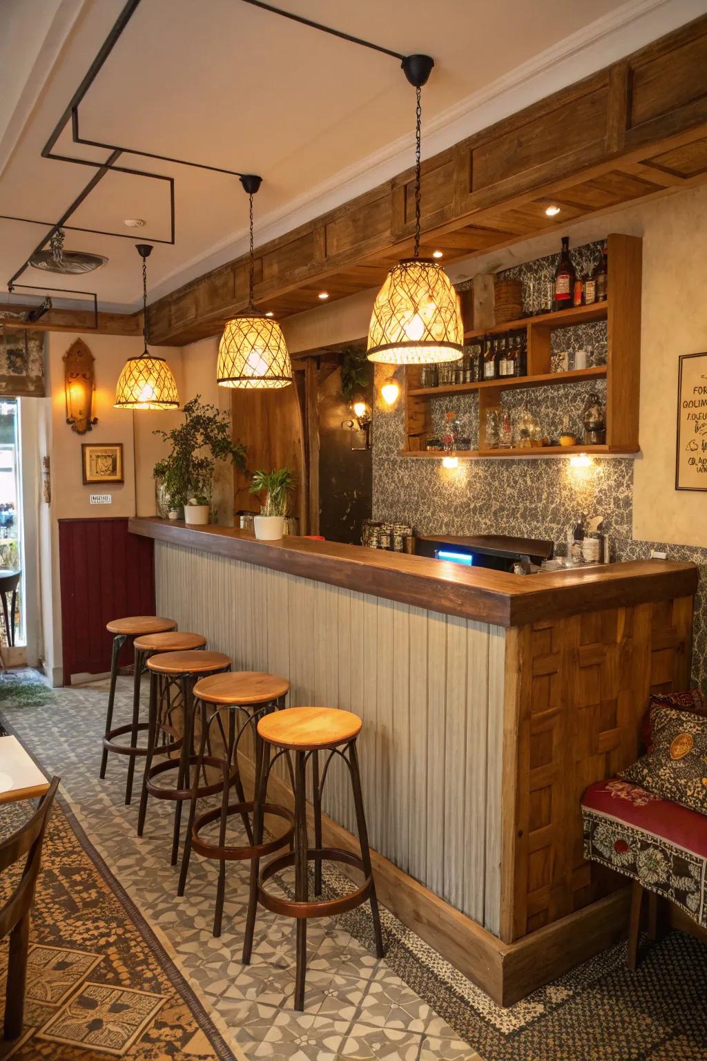 A snug bar nook in a compact restaurant, ideal for more personal get-togethers.