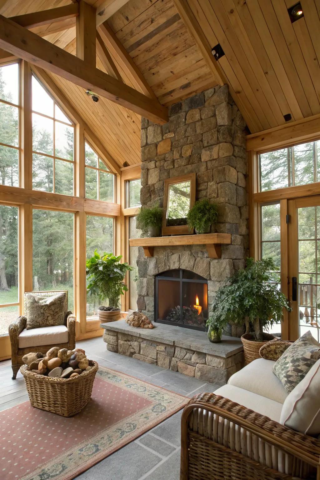 A stone hearth introduces warmth and a country touch to any sunroom.