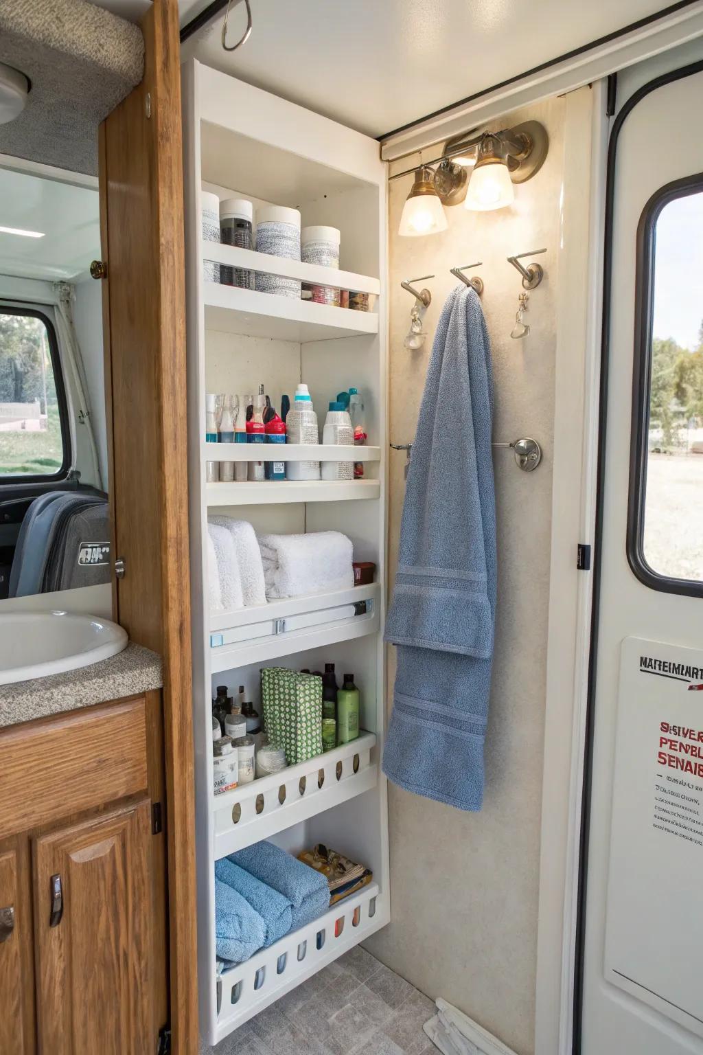 Wall shelves and hooks are great storage options for small bathrooms.