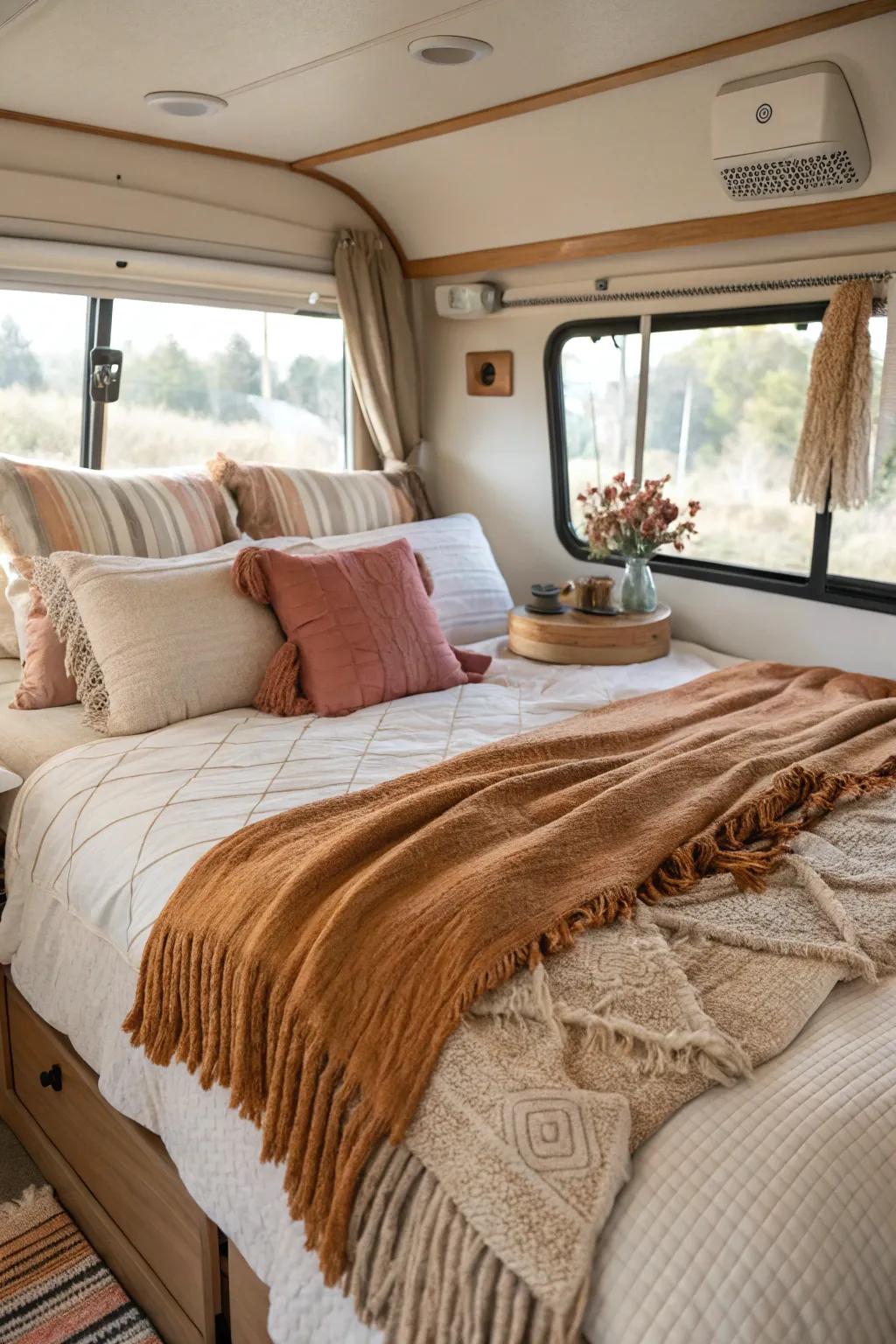 Adding layers of textiles in your RV bedroom creates a warm and inviting ambiance.